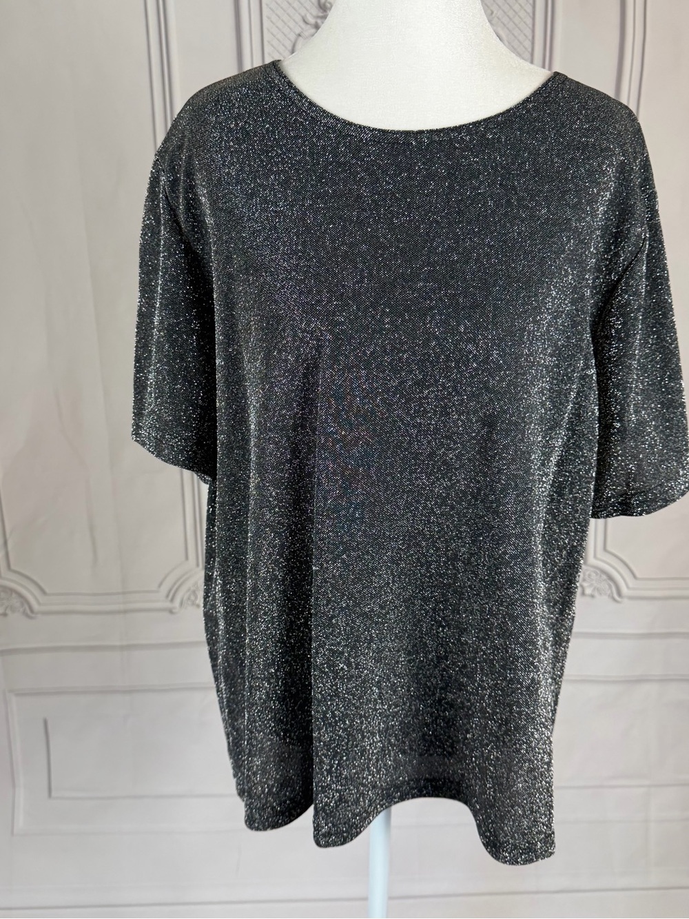 Notations XL Silver Black Metallic Sparkle Short Sleeve Boxy Top Vintage Disco